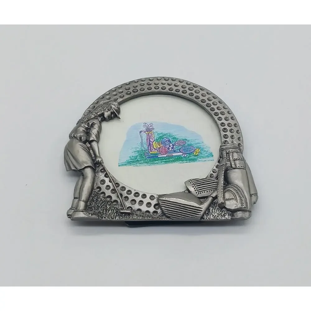 Round Golf Ball Pewter Picture Frame Figural Woman Golfing Clubs Bag Small